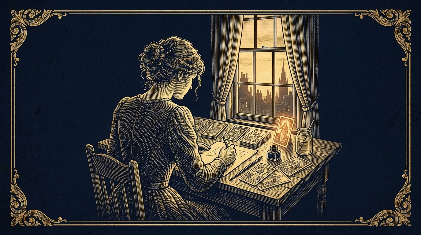 Altın yaldızlı oyma stilinde, pencere önündeki çizim masasında tarot kartlarını çizen bir kadın