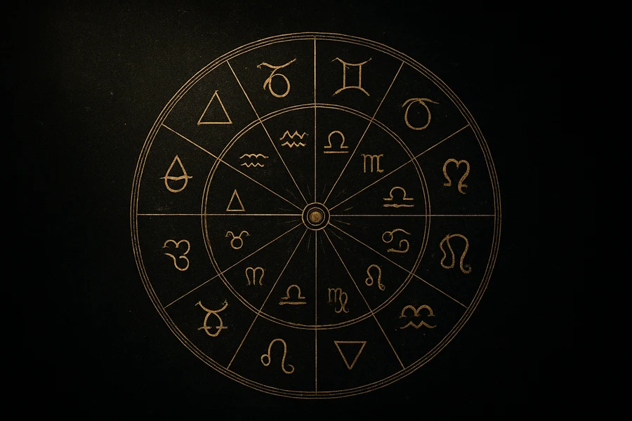 Twelve zodiac signs on an antique wheel, the sign guide