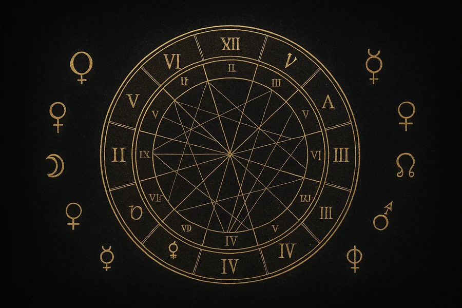 Detailed birth chart wheel, twelve houses and planetary symbols