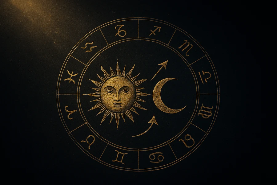 Sun, Moon and Rising trio on the zodiac wheel, golden engraving