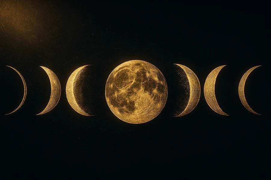 Eight moon phases, new moon crescent full moon waning, gold leaf