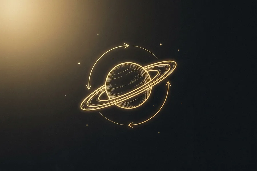 Ringed Saturn encircled by a gold cyclical arrow loop, the Saturn return