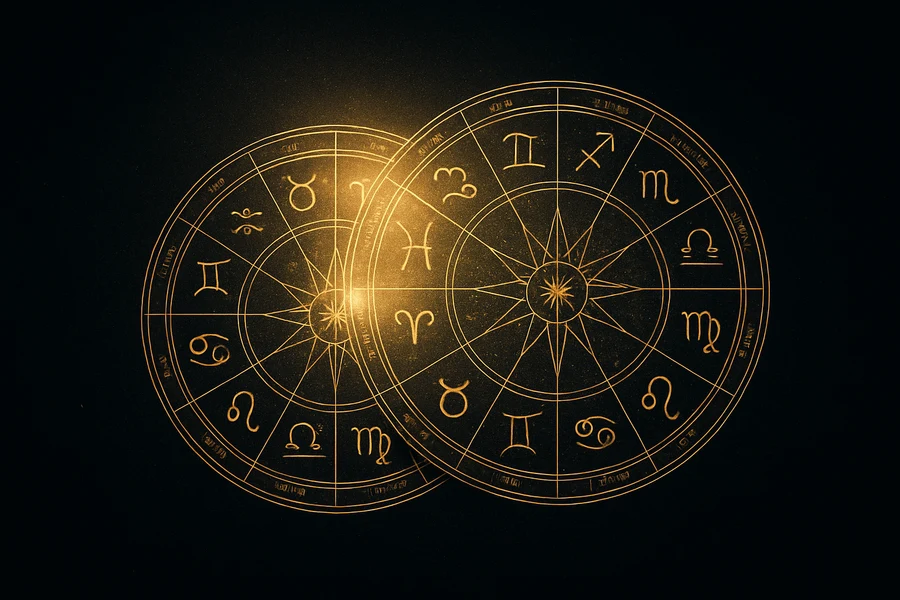 Two interlocking zodiac wheels, synastry relationship compatibility