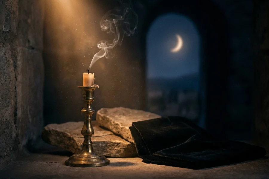 An extinguished antique candle, fine golden smoke rising from its tip, concentric golden rings around it, the evening closing ritual