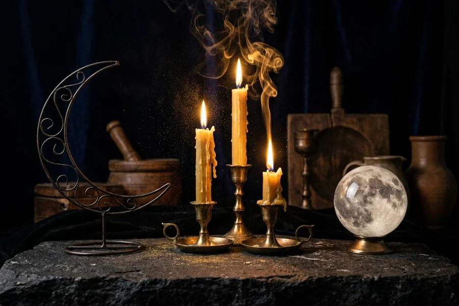A crescent moon on the left, a full moon on the right, three burning ritual candles and golden smoke between them, the atmosphere of a moon ritual