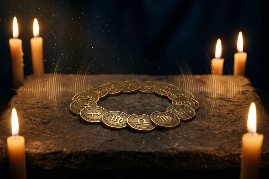 Twelve zodiac symbols in a horizontal row, each with its own sound wave ring, the complete zodiac sound library