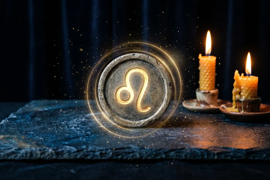 Golden sound waves spreading ring by ring around a single zodiac symbol, a voice meditation