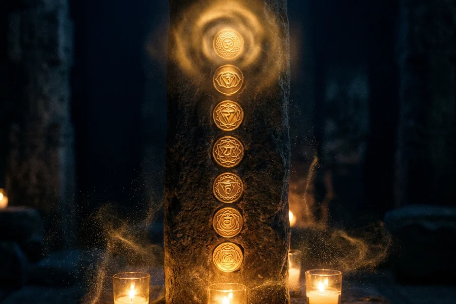Seven chakra symbols in a horizontal row, each in its own colour, chakra meditation