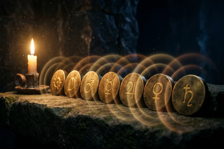 Seven planet symbols in a horizontal row, each with its own sound wave ring, planetary frequencies