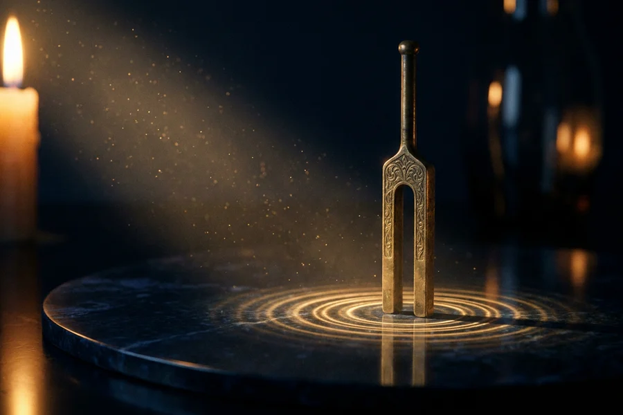 An ornate golden tuning fork, fine sound wave curves spreading around it, micro whispers