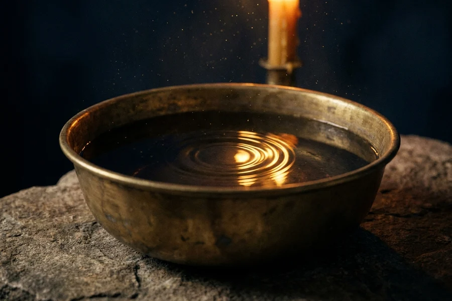 A wave of water striking the chest, golden rings spreading around it and settling into stillness, a breath ritual for sudden unease