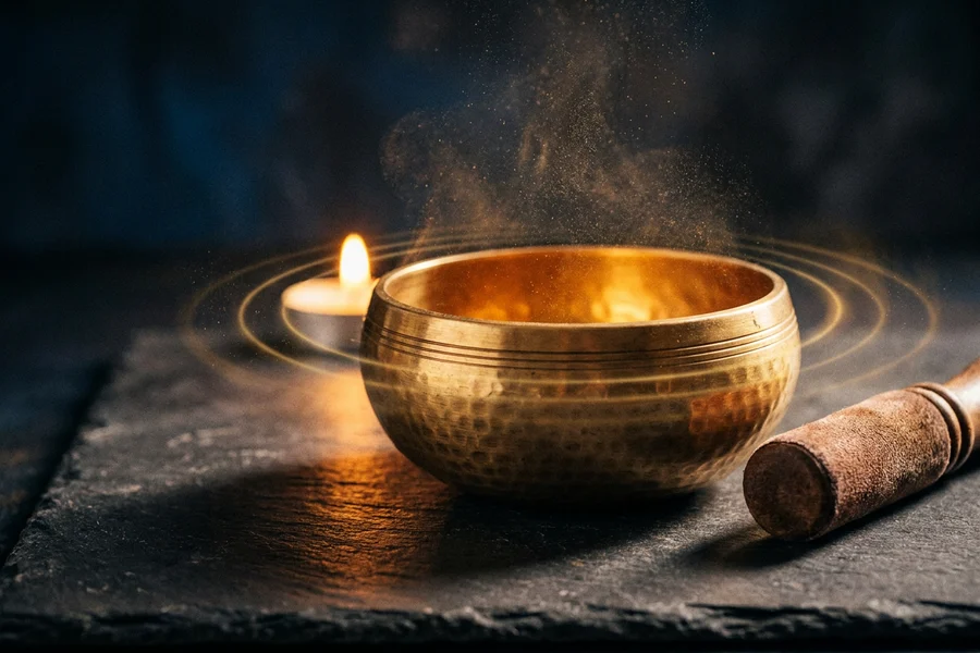 Low golden sound waves spreading from the chest, a soft ring of vibration, a voiced breath ritual for deep sorrow