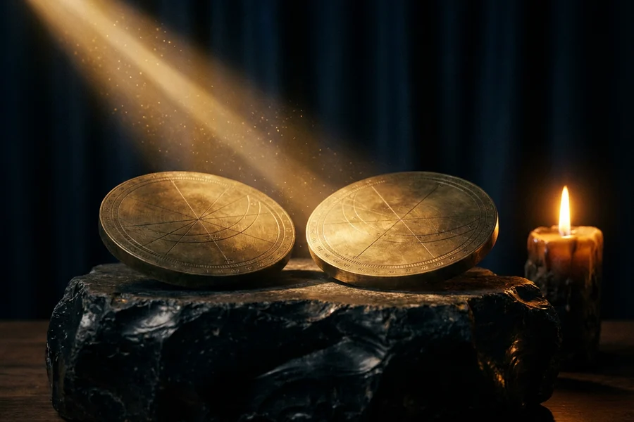 A beam of golden light stretching between two planet symbols, the aspect degrees marked, a transit practice