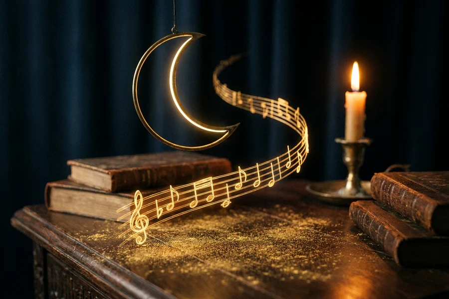 A long crescent moon arc across the top, a path of golden notes curving into the distance beneath it, a sleep journey