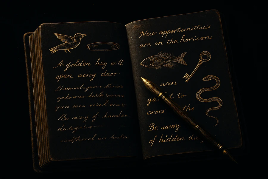 An open antique leather journal with notes on coffee reading symbols