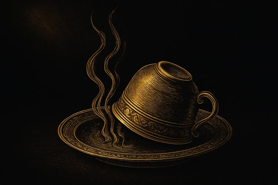 An antique Turkish coffee cup turned upside down, with gold engraving