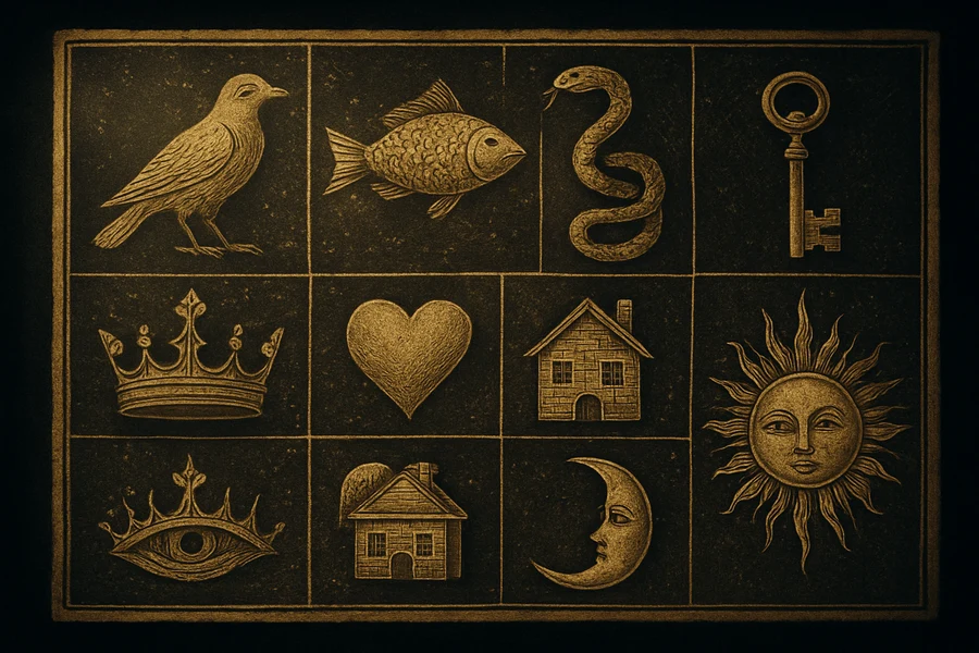 An antique illuminated manuscript, a grid of coffee reading symbols
