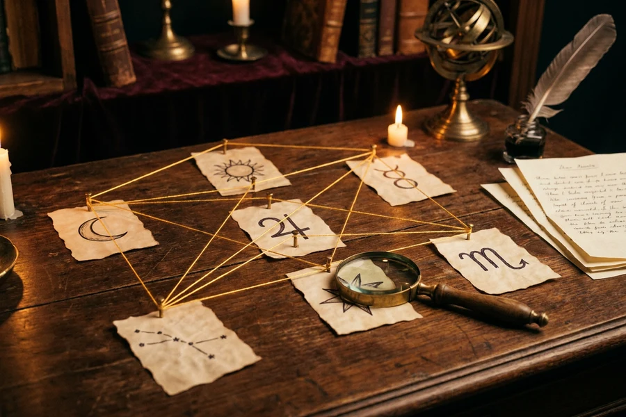 A gold-crossed cosmic logic grid on a dark void, the Logica puzzle
