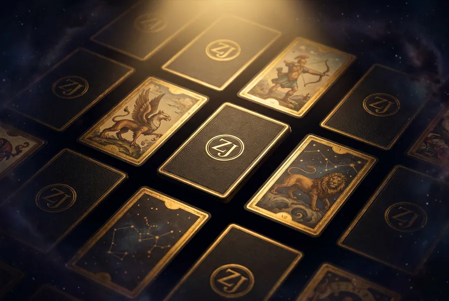 A spread of gold-framed illustrated tarot-style cards with ZJ-sigil backs under a warm spotlight, Memory Deck