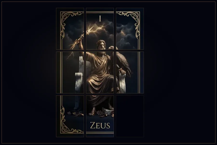 A gold-framed Mythic Arkana card broken into sliding puzzle tiles on a dark void, Mythic Arkana Puzzle