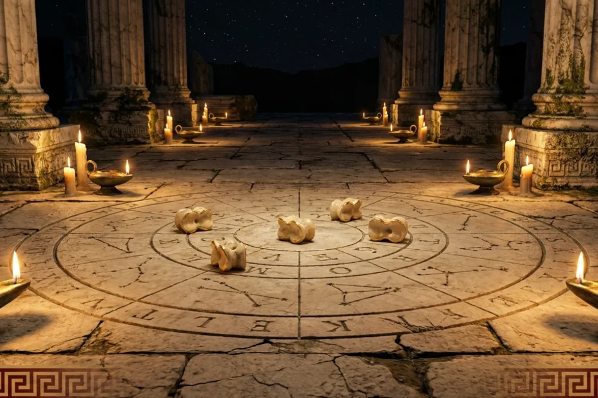 Five golden knucklebones on an obsidian ground with ancient Anatolian engraving motifs, The Astragaloi knucklebone oracle