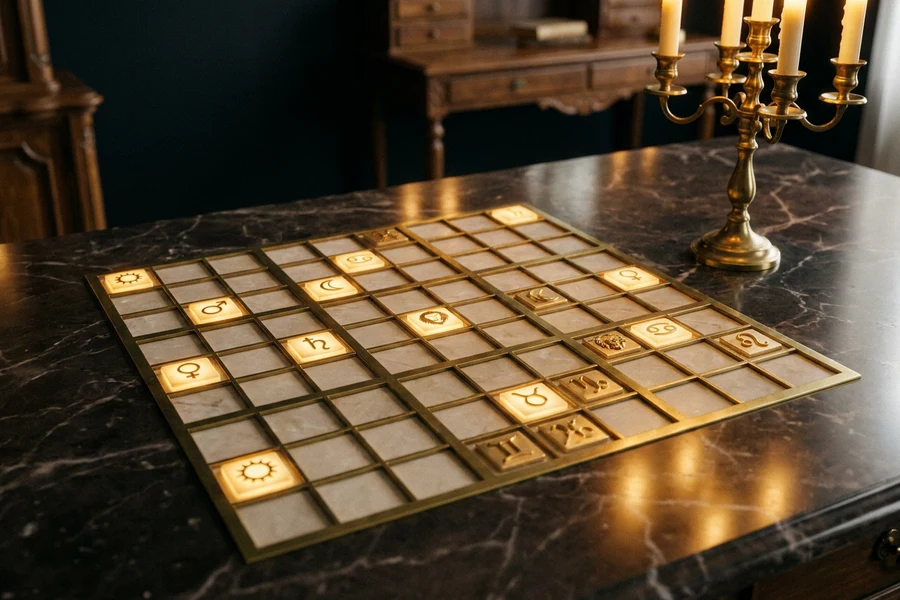 A sacred grid built from planetary symbols, golden cells and celestial geometry, Astral Grid planetary sudoku