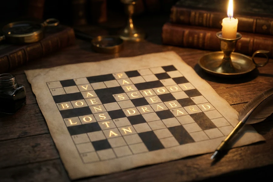 Interlocking gold squares with glowing glyph cells on a dark void, Celestial Crossword