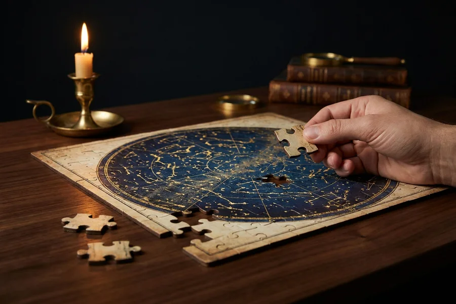 A half-finished jigsaw puzzle on a candlelit wooden table, gold interlocking pieces and a sky map image, The Celestial Mosaic jigsaw