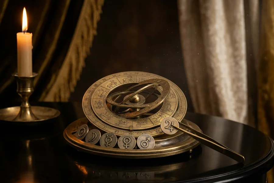 Seven planetary discs arranged on a brass astrological instrument in candlelight, one not yet in place, The Celestial Sequence code-breaking game
