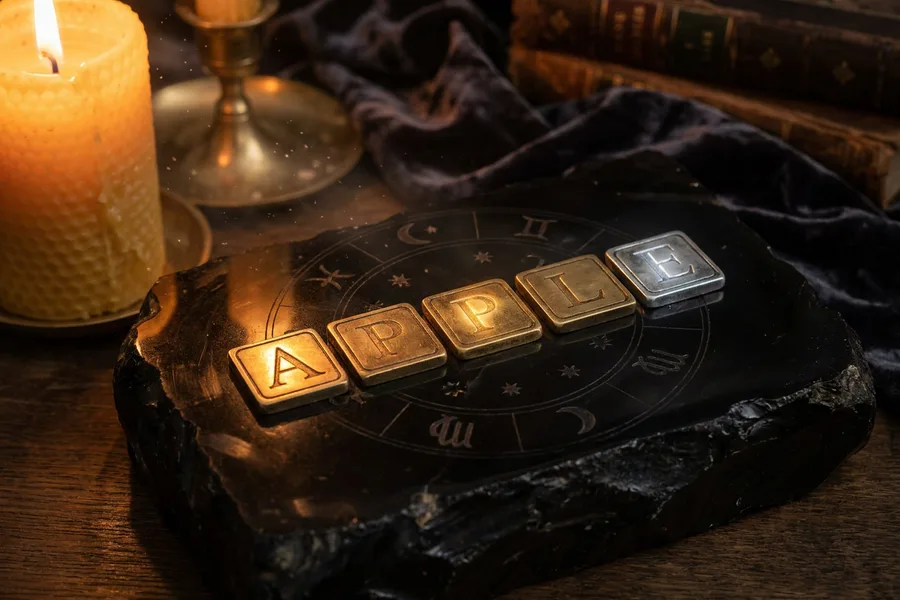 A five-tile golden board with letters carved in stone by candlelight, ringed by celestial symbols, Celestial Wordle word game