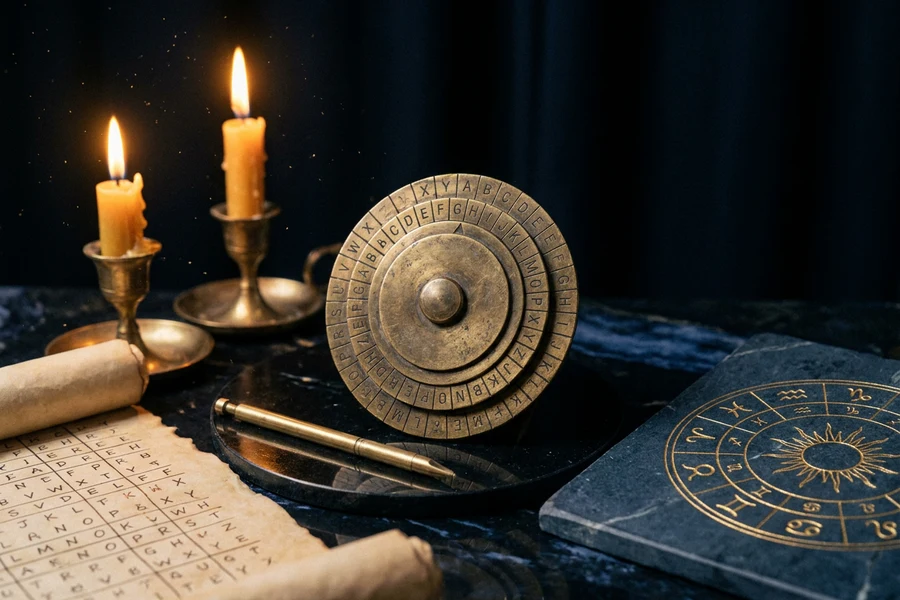 A brass cipher disk in candlelight, a parchment letter grid and a deep navy stone engraved with gold celestial symbols, The Cipher of Hermes ancient decoding game