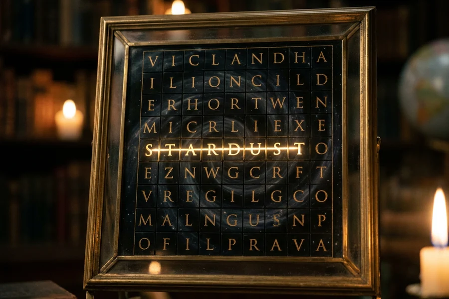 A gold grid of glyphs with a glowing path winding through it on a dark void, Hidden Constellation word search
