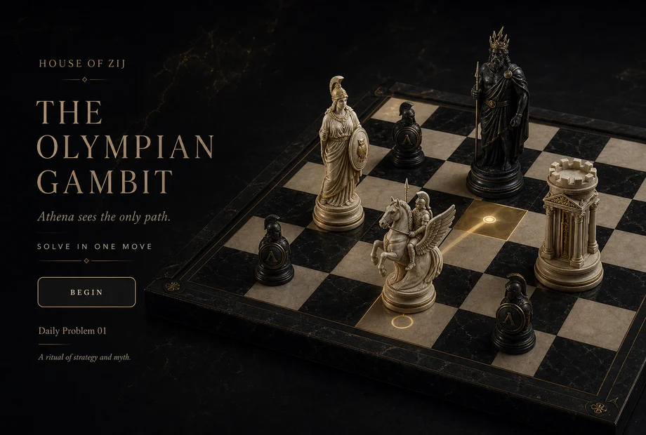 Mythological ivory and obsidian chess pieces poised in a checkmate-in-one scene, The Olympian Gambit