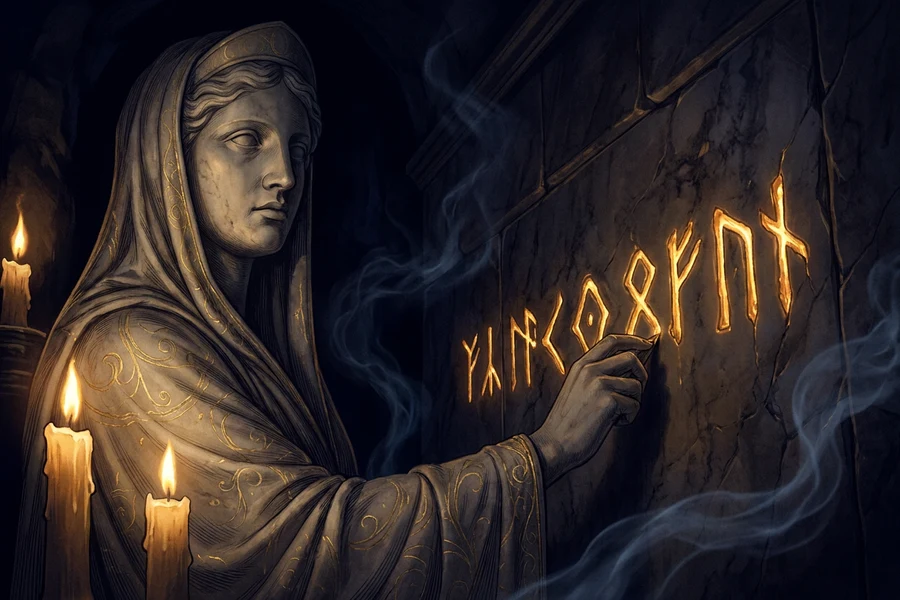 A prophecy emerging letter by letter from behind a veil as an oracle figure awakens, The Oracle Awakens word ritual