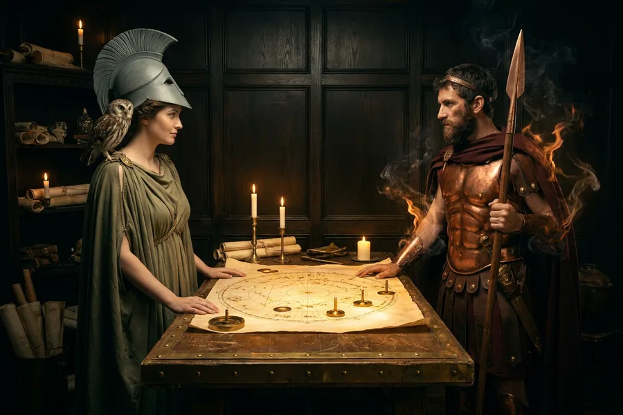 Athena and Ares facing off over a battle board with Renaissance map texture, Siege of the Gods battleship