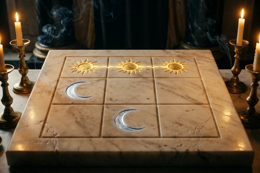 A three by three grid carved into a marble altar with Sun and Moon sigils, The Sigil of Zij tic-tac-toe ritual