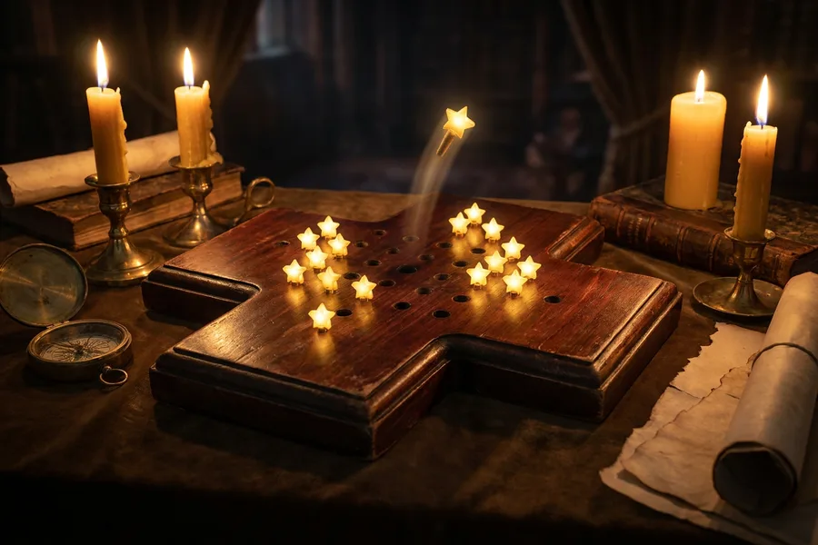 Golden star pegs on a candlelit cross-shaped wooden board, one leaping mid-air, The Solitary Star peg solitaire