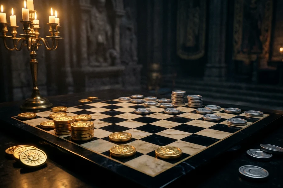 A candlelit checkers board with golden Sun and silver Moon stones, some crowned, The Threshold Checkers