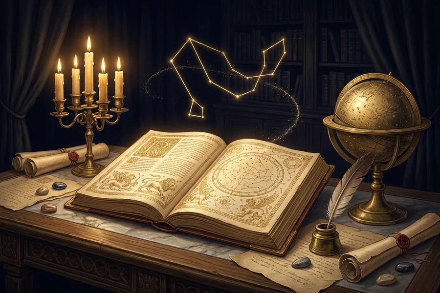 A gold-lined ancient mythology scene with a completing constellation map, Trial of Zij knowledge quiz
