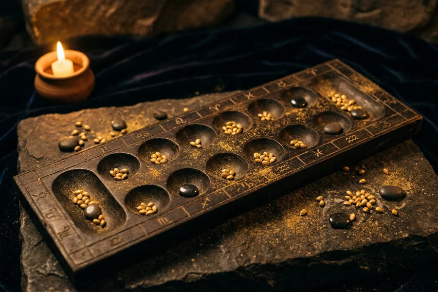 Golden astral seeds moving through twelve astrological houses on an ancient mancala board, Twelve Houses ritual