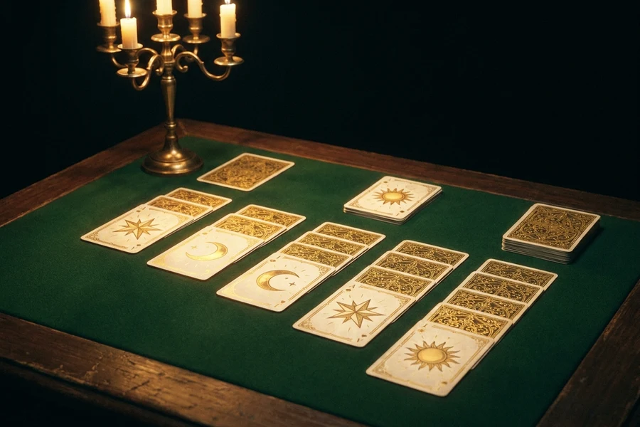 A gold-lined fan of playing cards spread on a starry void, The Zij Deck solitaire