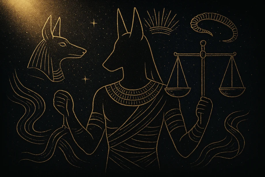 Anubis, Guide of death, embalming, the scales, alchemical engraving silhouette
