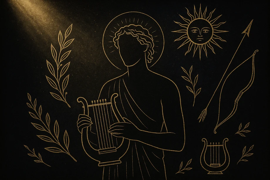 Apollo, Sunlight, music, prophecy, healing, alchemical engraving silhouette