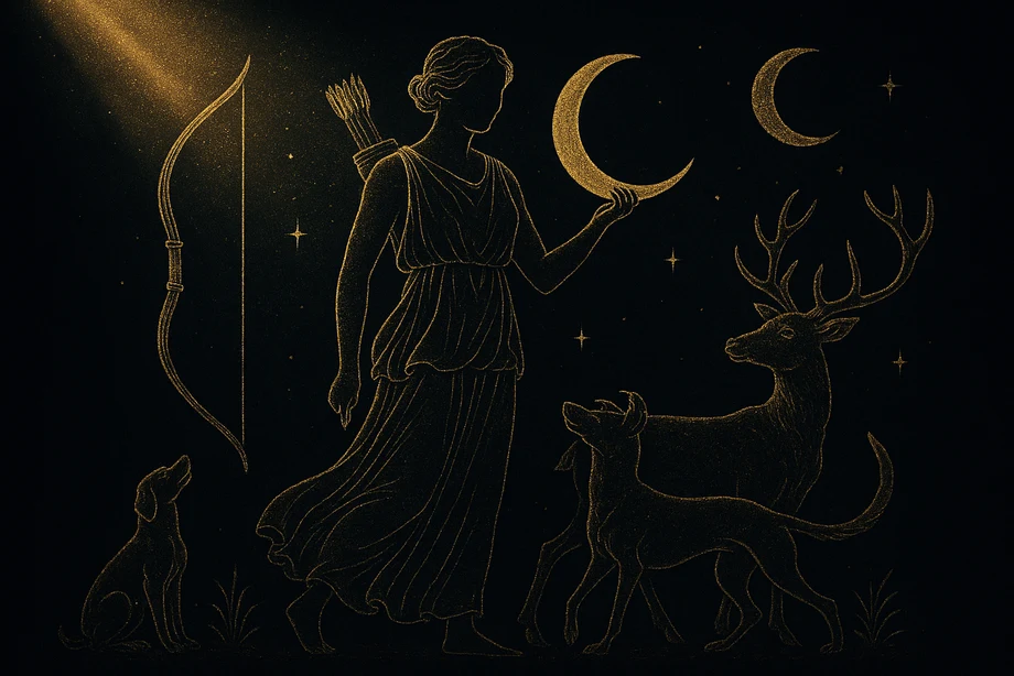 Artemis, Moon, the hunt, maidenhood, the wild, alchemical engraving silhouette