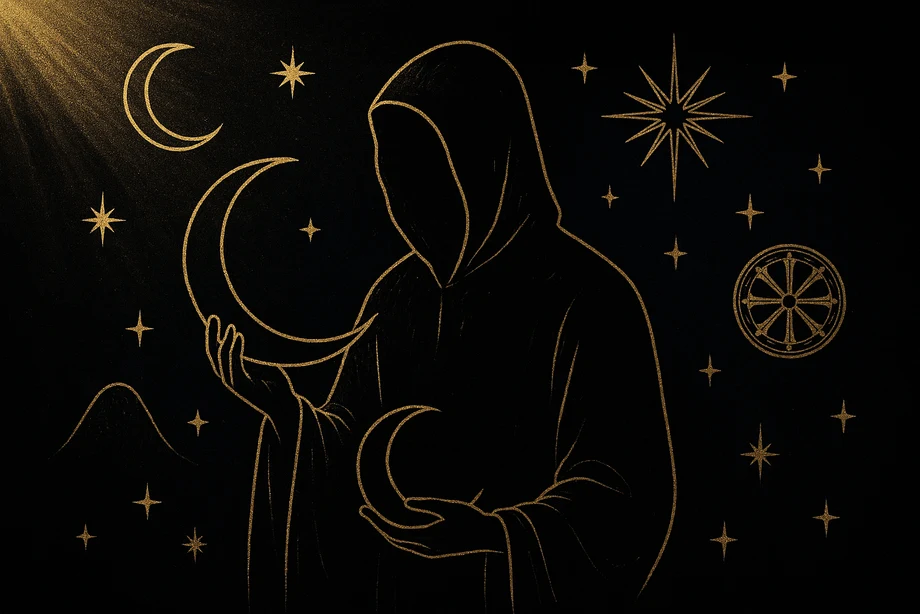 Grandfather Moon, The moon, night, protection, alchemical engraving silhouette