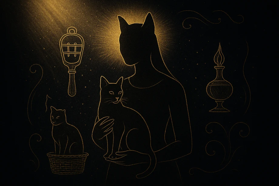 Bastet, Home, womanhood, protection, joy, alchemical engraving silhouette