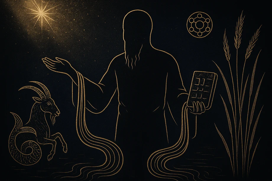 Enki, Wisdom, fresh water, life and cunning, alchemical engraving silhouette