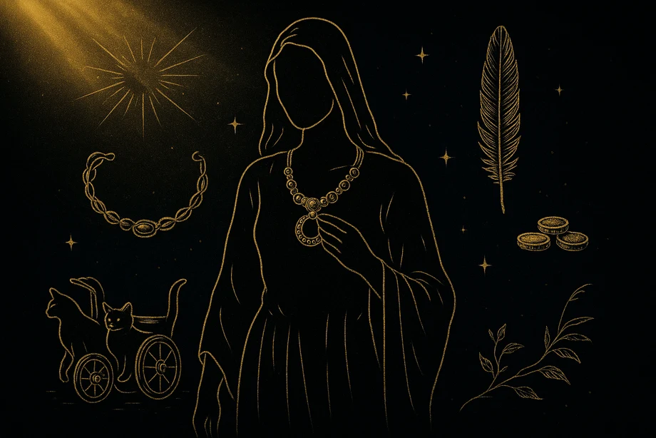 Freyja, Love, war, seidr magic, the dead, alchemical engraving silhouette