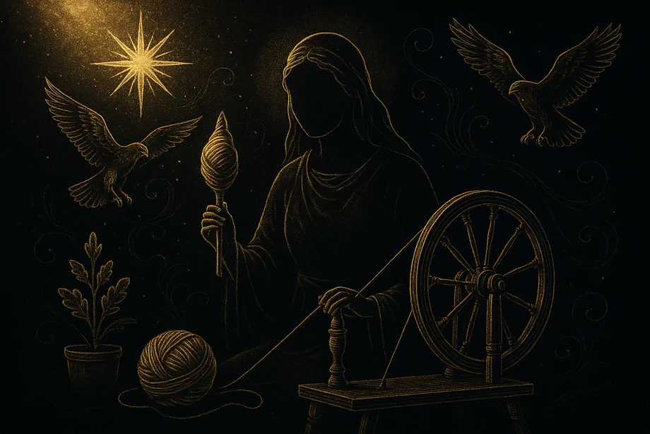 Frigg, Fate, home, mother, the knowing goddess, alchemical engraving silhouette