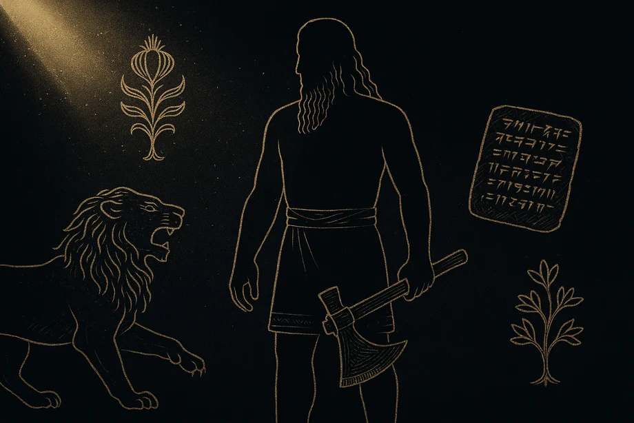 Gilgamesh, Kingship, friendship, the search for mortality, alchemical engraving silhouette